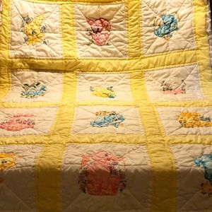 70's vintage hand-sewn baby quilt with embroidery